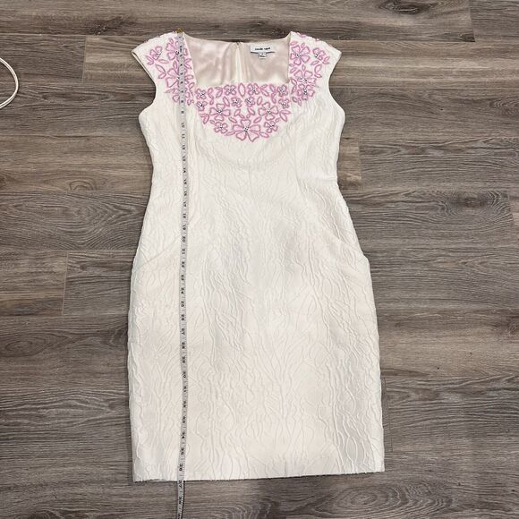 Pamella Roland White Beaded 100% Silk Made In The USA Size 4 Embossed Dress - Picture 13 of 14